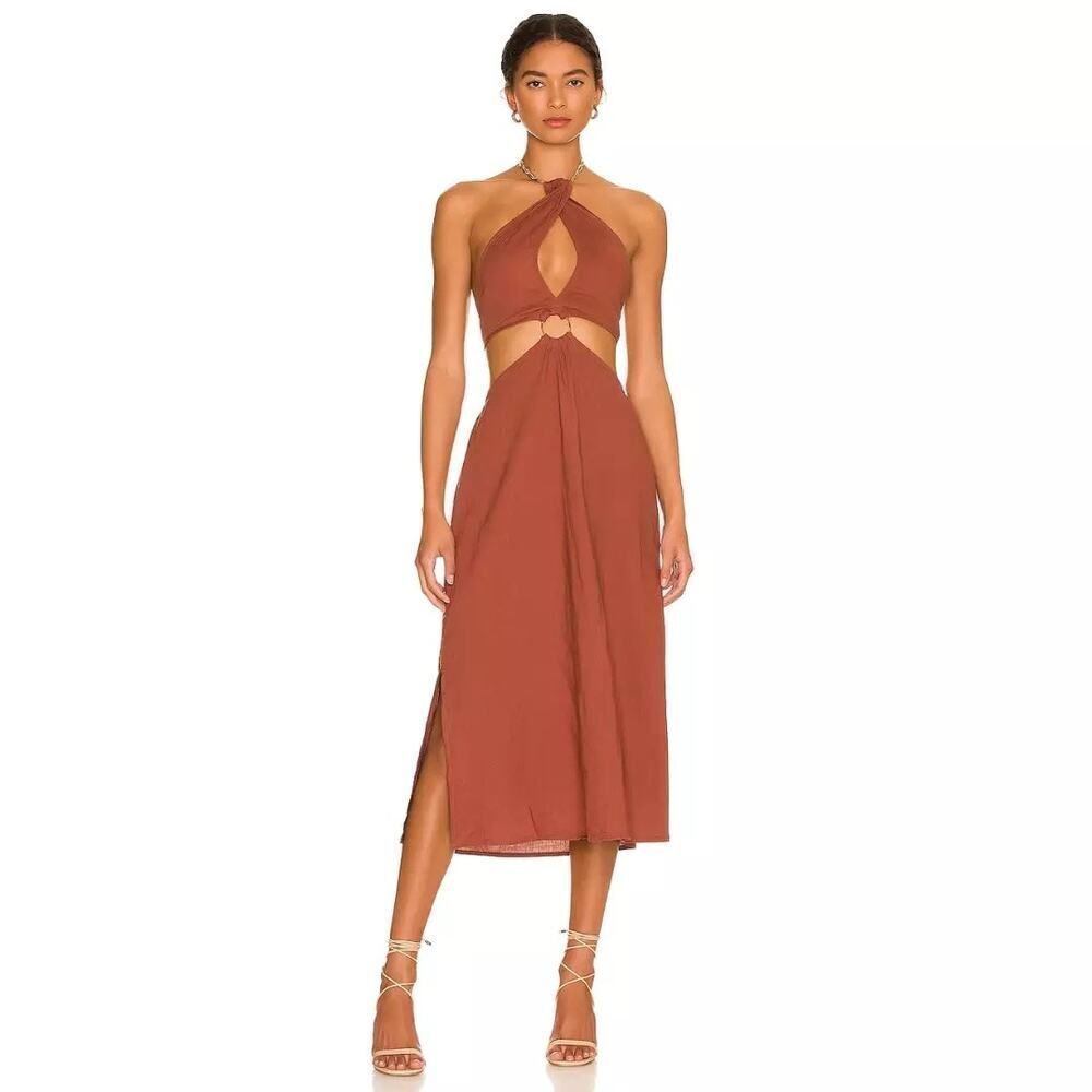 NWT WeWoreWhat Cappuccino Brown Shell Chain Halter‎ Midi Dress Size Large